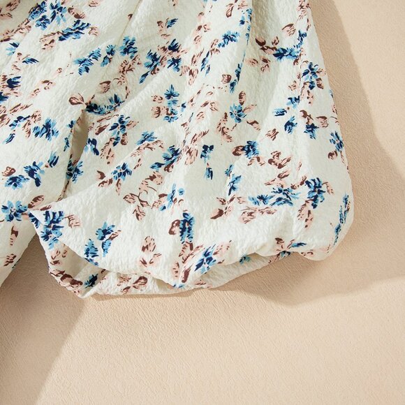 B268 Beige Floral Puff Short Sleeve Empire Waist Mini Dress - Picture 12 of 13